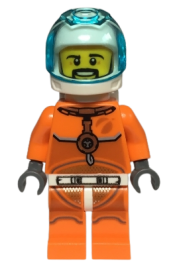 LEGO Astronaut - Male, Orange Spacesuit with Dark Bluish Gray Lines, Trans Light Blue Large Visor, Black Angular Beard minifigure