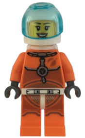 LEGO Astronaut - Female, Orange Spacesuit with Dark Bluish Gray Lines, Trans Light Blue Large Visor, Open Mouth Smile minifigure