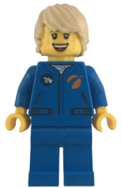 LEGO Astronaut - Female, Blue Jumpsuit, Tan Hair Tousled with Side Part, Freckles, Open Smile with Teeth minifigure