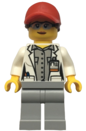 LEGO Scientist - Female, Red Cap with Ponytail Hair, Blue Goggles and Light Bluish Gray Legs minifigure