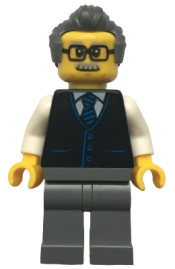 LEGO Launch Director - Male, Black Vest with Blue Striped Tie, Dark Bluish Gray Legs, Dark Bluish Gray Hair, Glasses and Moustache minifigure