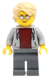 LEGO Sports Car Driver, Light Bluish Gray Hoodie with Dark Red Shirt, Tan Hair Swept Back Tousled minifigure