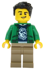 LEGO Ski Shop Clerk - Male, Green Jacket over Raccoon Shirt, Black Hair minifigure