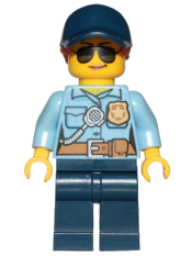 LEGO Police - City Officer Female, Bright Light Blue Shirt with Badge and Radio, Dark Blue Legs, Dark Blue Cap with Dark Orange Ponytail, Sunglasses minifigure