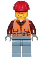 LEGO Lumberjack - Male, Orange Safety Vest, Reflective Stripes, Reddish Brown Shirt, Sand Blue Legs, Red Construction Helmet, Orange Safety Glasses minifigure