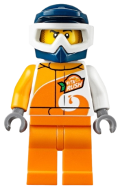 LEGO ATV Driver - Male, 'ViTA RUSH' Uniform, Orange Legs, Dark Blue Helmet minifigure