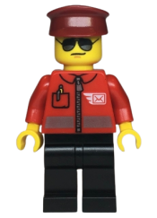 LEGO Post Office - Airmail Letter Logo and Red Jacket with Zipper, Dark Red Hat, Black Legs, Sunglasses minifigure