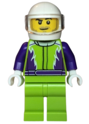 LEGO Monster Truck Driver, Lime Legs and Jacket with Purple Flames and Arms, White Helmet minifigure