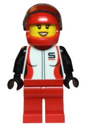LEGO Race Car Driver, Female, Red and White Race Jacket, Red Helmet and Legs minifigure