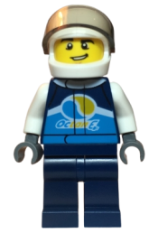 LEGO Race Car Driver, Male, Dark Blue 'Octan E' Race Jacket and Legs, White Helmet minifigure