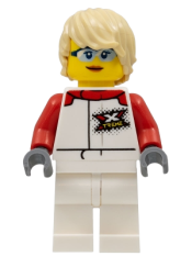 LEGO Female, White and Red Jumpsuit with 'XTREME' Logo, Tan Tousled Hair, Sunglasses and Closed Mouth Grin minifigure