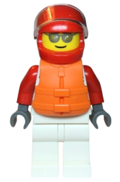 LEGO Male, White and Red Jumpsuit with 'XTREME' Logo, Red Helmet, Orange Life Jacket, Sunglasses minifigure