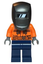 LEGO Welder - Male, Orange Safety Jacket, Reflective Stripe, Sand Blue Hoodie, Dark Blue Legs, Black Helmet, Pearl Dark Gray Welding Visor minifigure