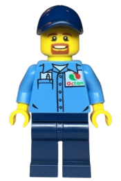 LEGO Gas Station Worker - Medium Blue Shirt with 'Octan' Logo, Dark Blue Legs and Cap minifigure