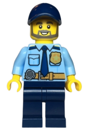 LEGO Police - City Officer Shirt with Dark Blue Tie and Gold Badge, Dark Tan Belt with Radio, Dark Blue Legs, Dark Blue Cap, Full Beard minifigure