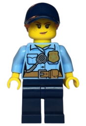 LEGO Police - City Officer Female, Bright Light Blue Shirt with Badge and Radio, Dark Blue Legs, Dark Blue Cap with Dark Orange Ponytail, Freckles minifigure