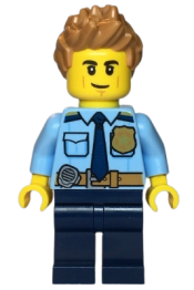 LEGO Police - City Officer Shirt with Dark Blue Tie and Gold Badge, Dark Tan Belt with Radio, Dark Blue Legs, Medium Nougat Spiked Hair minifigure