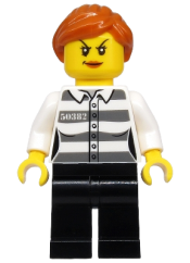 LEGO Police - Jail Prisoner 50382 Prison Stripes, Female, Black Legs, Scowl with Peach Lips, Orange Ponytail minifigure