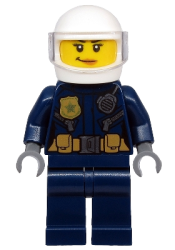 LEGO Police - ATV Driver Female, Leather Jacket with Gold Badge and Utility Belt, White Helmet, Trans-Clear Visor, Peach Lips Smirk minifigure