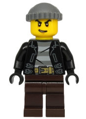 LEGO Police - City Bandit Crook, Black Leather Jacket, Dark Bluish Gray Knit Cap, Dark Brown Legs minifigure