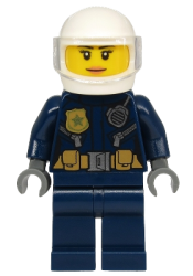 LEGO Police - City Motorcyclist Female, Leather Jacket with Gold Badge and Utility Belt, White Helmet, Trans-Clear Visor, Peach Lips minifigure