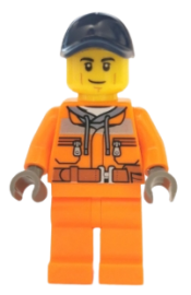 LEGO Street Sweeper Operator - Male, Orange Safety Jacket, Reflective Stripe, Sand Blue Hoodie, Orange Legs, Dark Blue Cap with Hole, Smirk minifigure