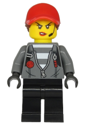 LEGO Police - Jail Prisoner Jacket over Prison Stripes, Female, Black Legs, Red Cap with Ponytail minifigure