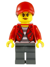 LEGO Police - City Bandit Crook, Red Jacket, Red Ball Cap with Reddish Brown Ponytail, Dark Bluish Gray Legs minifigure