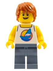 LEGO Surfer - Male, White Tank Top with Dark Azure Windsurf, Sand Blue Legs, Dark Orange Tousled Hair minifigure