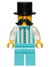 LEGO Fairground Employee, Male - Black Top Hat, Moustache, White Shirt with Stripes, Medium Azure Legs minifigure