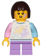 LEGO Child Girl - Shirt with Unicorn, Medium Lavender Short Legs, Dark Brown Hair Short, Bob Cut minifigure