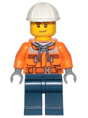 LEGO Construction Worker - Male, Orange Safety Jacket, Reflective Stripe, Sand Blue Hoodie, Dark Blue Legs, White Construction Helmet, Stubble minifigure