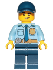 LEGO Police - City Officer Shirt with Dark Blue Tie and Gold Badge, Dark Tan Belt with Radio, Dark Blue Legs, Dark Blue Cap, Lopsided Grin minifigure