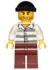 LEGO Police - Jail Prisoner 86753 Prison Stripes, Black Knit Cap, Reddish Brown Legs, Beard Stubble and Lopsided Grin minifigure