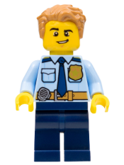 LEGO Police - City Officer Shirt with Dark Blue Tie and Gold Badge, Dark Tan Belt with Radio, Dark Blue Legs, Medium Nougat Tousled Hair minifigure