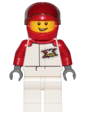 LEGO Race Car Driver - Male, White and Red Jumpsuit with 'XTREME' Logo, White Legs, Red Helmet minifigure