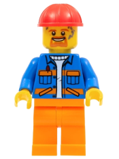 LEGO Blue Jacket with Diagonal Lower Pockets and Orange Stripes, Orange Legs, Red Construction Helmet minifigure