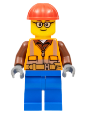 LEGO Construction Worker - Male, Orange Safety Vest, Reflective Stripes, Reddish Brown Shirt, Blue Legs, Red Construction Helmet, Glasses minifigure