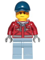LEGO Explorer - Male, Dark Red Hooded Sweatshirt, Dark Blue Cap, Frown, Sweat Drops minifigure