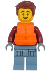 LEGO Harl Hubbs - Dark Red Hooded Sweatshirt, Sand Blue Legs with Pockets, Life Jacket minifigure