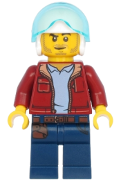 LEGO Man, Dark Red Jacket with Bright Light Blue Shirt, Dark Blue Legs with Belt, White Flight Helmet, Trans-Light Blue Flight Visor, Stubble (Helicopter Pilot) minifigure