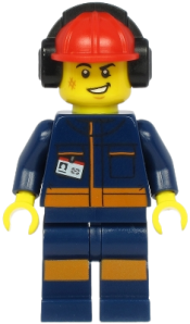 LEGO Airport Flagman - Male, Red Helmet with Earmuffs, Dark Blue Jumpsuit with Orange Stripes minifigure