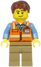 LEGO Air Traffic Controller - Male, Reddish Brown Hair, Orange Safety Vest, Dark Tan Legs minifigure