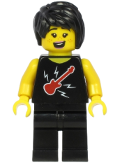 LEGO Plane Passenger - Female, Black Hair, Black Sleeveless Top with Red Guitar, Black Legs minifigure