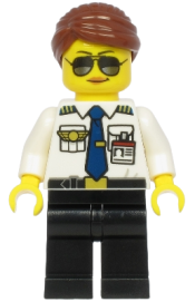 LEGO Pilot - Female, Reddish Brown Hair, White Shirt with Dark Blue Tie, Black Legs minifigure