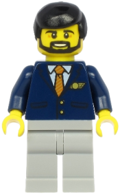 LEGO Steward - Male, Black Hair, Dark Blue Suit with Striped Tie, Light Bluish Gray Legs minifigure