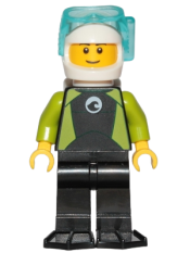 LEGO Diver - Male, Black Wetsuit with White Logo and Lime Trim and Flippers, White Helmet and Air Tanks minifigure