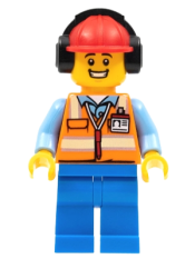 LEGO Ground Crew - Male, Orange Safety Vest with Reflective Stripes, Blue Legs, Red Construction Helmet with Headset minifigure