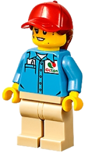 LEGO Ground Crew - Female, Medium Blue Shirt with 'Octan' Logo, Tan Legs, Red Ball Cap with Reddish Brown Ponytail minifigure