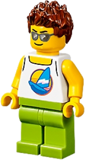 LEGO Plane Passenger - Male, White Tank Top with Dark Azure Sailboat, Lime Legs, Reddish Brown Hair Spiked minifigure